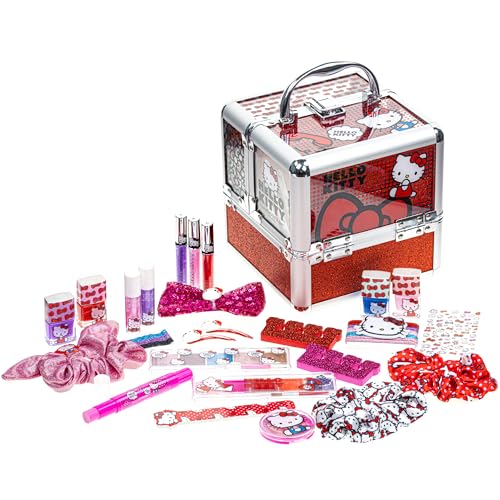 Hello Kitty - Townley Girl Train Case Cosmetic Makeup Set Includes Lip Gloss, Eye Shimmer, Nail Polish, Hair Accessories & More! For Girls, Ages 3+ Perfect for Parties & Makeovers - Morena Vogue