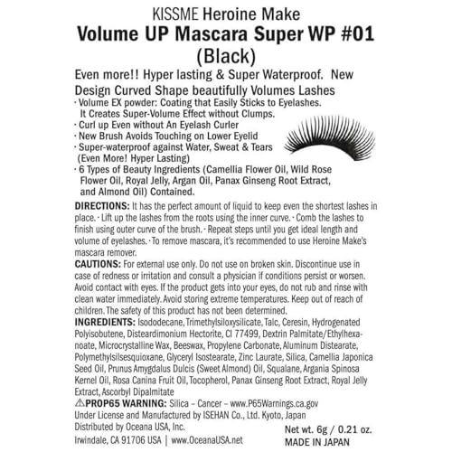 HEROINE MAKE by KISSME Volume UP Mascara Super Waterproof WP 01 Black | with Ultra Volumizing for Even Long-Lasting and Curl Eyelash for Women - Morena Vogue