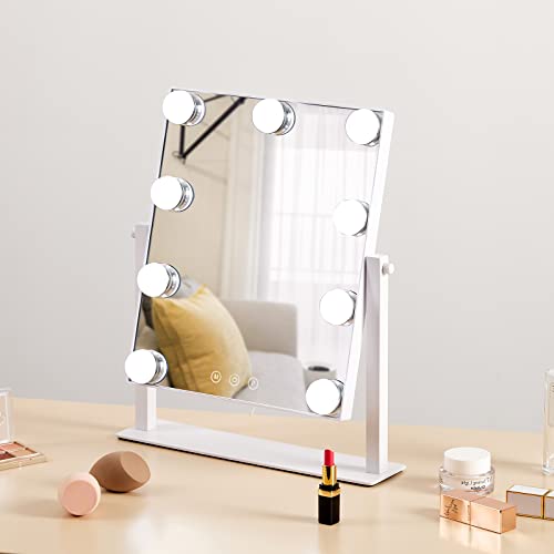 HIEEY Hollywood Vanity Mirror with 9 Dimmable Bulbs Lights, Three Color Lighting Modes, and 5X Magnification, Smart Touch Control, 360°Rotation (White,Gift Box) - Morena Vogue