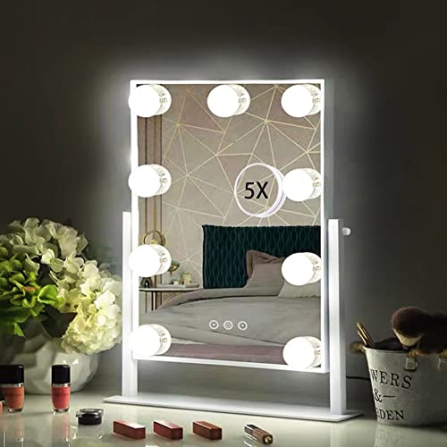 HIEEY Hollywood Vanity Mirror with 9 Dimmable Bulbs Lights, Three Color Lighting Modes, and 5X Magnification, Smart Touch Control, 360°Rotation (White,Gift Box) - Morena Vogue