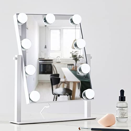 HIEEY Hollywood Vanity Mirror with 9 Dimmable Bulbs Lights, Three Color Lighting Modes, and 5X Magnification, Smart Touch Control, 360°Rotation (White,Gift Box) - Morena Vogue