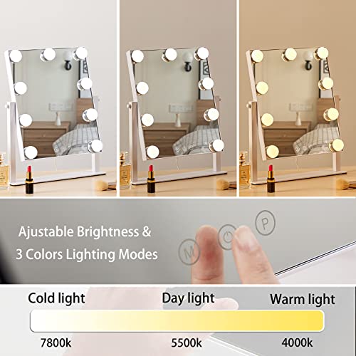 HIEEY Hollywood Vanity Mirror with 9 Dimmable Bulbs Lights, Three Color Lighting Modes, and 5X Magnification, Smart Touch Control, 360°Rotation (White,Gift Box) - Morena Vogue