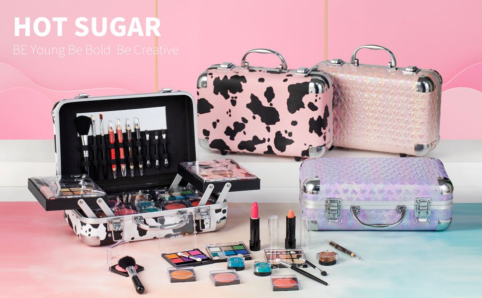 Hot Sugar All In One Makeup Set for Teen Girls - Full Makeup Kit for Beginners With Eye Shadow Palette, Blush, Lip Gloss, Brush, Mirror (Pink Heart) - Morena Vogue