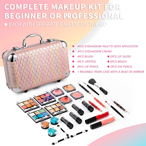 Hot Sugar All In One Makeup Set for Teen Girls - Full Makeup Kit for Beginners With Eye Shadow Palette, Blush, Lip Gloss, Brush, Mirror (Pink Heart) - Morena Vogue