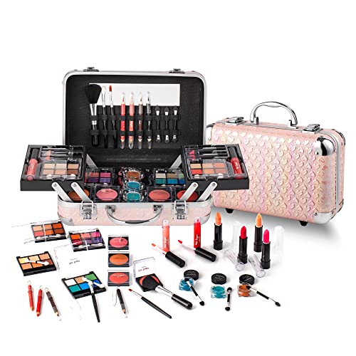 Hot Sugar All In One Makeup Set for Teen Girls - Full Makeup Kit for Beginners With Eye Shadow Palette, Blush, Lip Gloss, Brush, Mirror (Pink Heart) - Morena Vogue