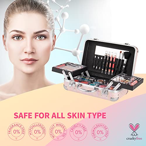 Hot Sugar All In One Makeup Set for Teen Girls - Full Makeup Kit for Beginners With Eye Shadow Palette, Blush, Lip Gloss, Brush, Mirror (Pink Heart) - Morena Vogue