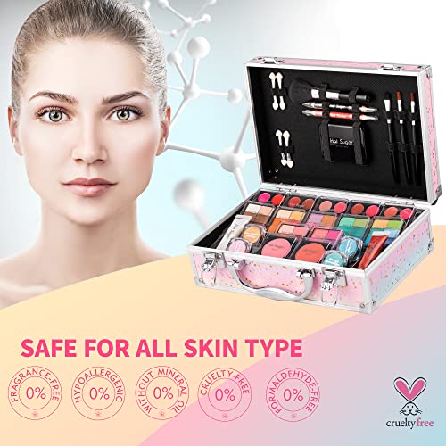 Hot Sugar Makeup Kit for Teenager Girls - Full Starter Cosmetics Set with Eye Shadow Lip Balm Blush Lip Gloss Brush Lip Pencil Eye Pencil and Mirror (Rainbow) - Morena Vogue