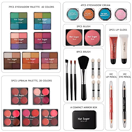 Hot Sugar Makeup Kit for Teenager Girls - Full Starter Cosmetics Set with Eye Shadow Lip Balm Blush Lip Gloss Brush Lip Pencil Eye Pencil and Mirror (Rainbow) - Morena Vogue