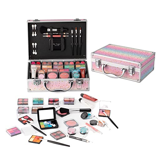 Hot Sugar Makeup Kit for Teenager Girls - Full Starter Cosmetics Set with Eye Shadow Lip Balm Blush Lip Gloss Brush Lip Pencil Eye Pencil and Mirror (Rainbow) - Morena Vogue