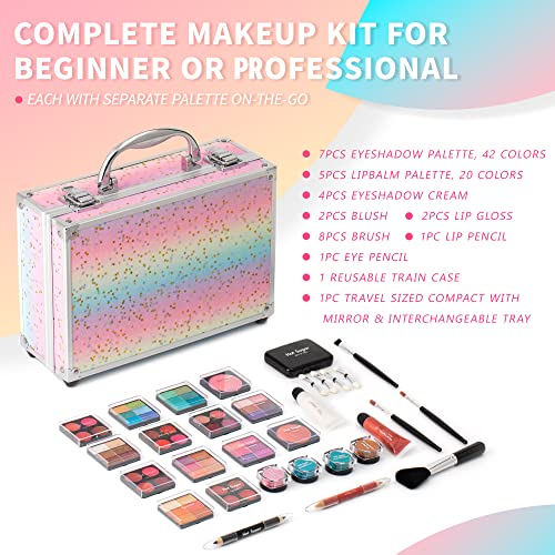 Hot Sugar Makeup Kit for Teenager Girls - Full Starter Cosmetics Set with Eye Shadow Lip Balm Blush Lip Gloss Brush Lip Pencil Eye Pencil and Mirror (Rainbow) - Morena Vogue