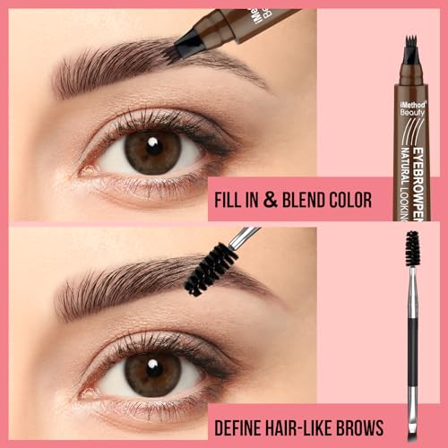 iMethod Microblading Eyebrow Pen - Eyebrow Pencil Magical Upgraded Eye Brow Pencils for Women with 4 Fork Tip & Spoolie Brush for Natural-Looking Hair-Like Defined Brows, Last All-Day, Light Brown - Morena Vogue