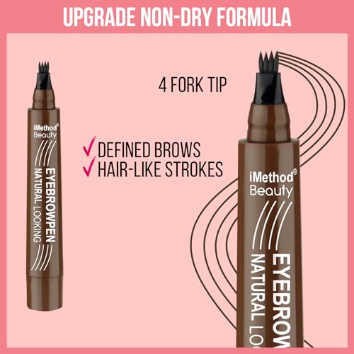 iMethod Microblading Eyebrow Pen - Eyebrow Pencil Magical Upgraded Eye Brow Pencils for Women with 4 Fork Tip & Spoolie Brush for Natural-Looking Hair-Like Defined Brows, Last All-Day, Light Brown - Morena Vogue