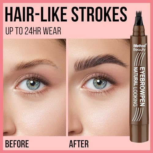 iMethod Microblading Eyebrow Pen - Eyebrow Pencil Magical Upgraded Eye Brow Pencils for Women with 4 Fork Tip & Spoolie Brush for Natural-Looking Hair-Like Defined Brows, Last All-Day, Light Brown - Morena Vogue