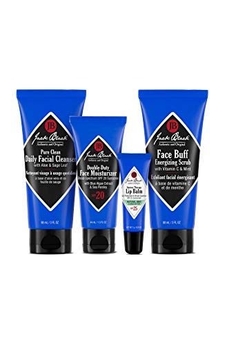 Jack Black Skin Saviors Set – Pure Clean Daily Facial Cleanser, Double-Duty Face Moisturizer SPF 20, Intense Therapy Lip Balm SPF 25 Natural Mint & Shea Butter, & Face Buff Energizing Scrub - Morena Vogue