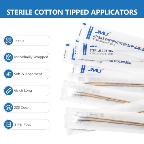 JMU 6 Inch Sterile Cotton Tipped Applicators, 200 Count Long Cotton Swabs, Wood Shaft Medical Swabs - Morena Vogue