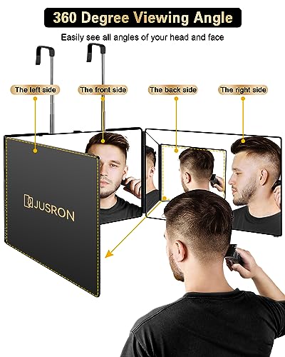 JUSRON 3 Way Mirror for Self Hair Cutting 360 Viewing Angle Self Hair Cutting Mirror, Clear Anti-Fog HD Glass (Black Without LED, Without Accessories) - Morena Vogue