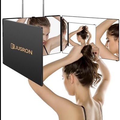 JUSRON 3 Way Mirror for Self Hair Cutting 360 Viewing Angle Self Hair Cutting Mirror, Clear Anti-Fog HD Glass (Black Without LED, Without Accessories) - Morena Vogue