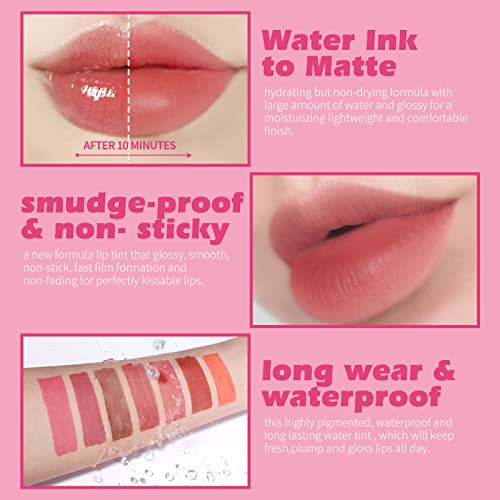 KIMUSE Water Gel Lip Tint 6 Colors Set, Highly Pigmented Long Lasting Moisturizing Glossy Lip Stains, Hydrate Lightweight Lip Gloss Makeup - Morena Vogue