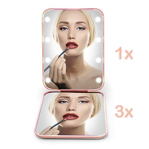 Kintion Pocket Mirror, 1X/3X Magnification LED Compact Travel Makeup Mirror with Light for Purse, 2-Sided, Portable, Folding, Handheld, Small Lighted Mirror for Gift, Pink - Morena Vogue