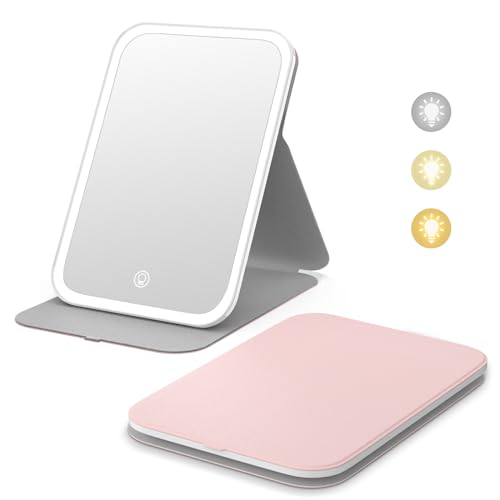 Kintion Travel Makeup Mirror, 8"*5.4" Portable LED Lighted Makeup Mirror, 360° Rotation Touch Screen Vanity Mirror, 3-Color Dimmable Lighting, Rechargeable Tabletop Folding Cosmetic Mirror - Morena Vogue
