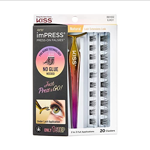 KISS imPRESS Falsies False Eyelashes, Lash Clusters, Natural', 12 mm, Includes 20 Clusters, 1 applicator, Contact Lens Friendly, Easy to Apply, Reusable Strip Lashes - Morena Vogue