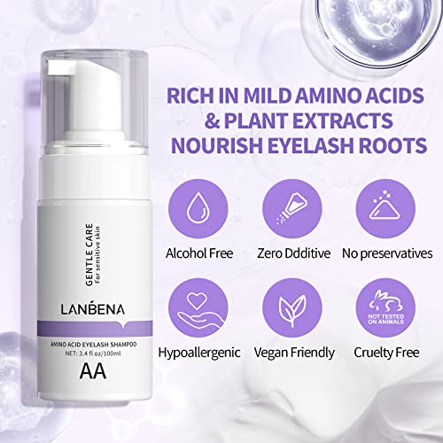 LANBENA Lash Shampoo Kit for Lash Extensions 100ml, Eyelash Extension Cleanser, Amino Acid Lash Wash Soap Mousse Bath for Sensitive Skin, Eyelid Foam for Makeup Mascara Remover, Paraben & Sulfate Free - Morena Vogue