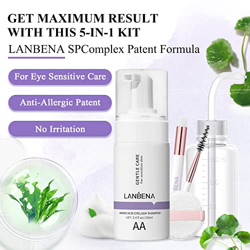 LANBENA Lash Shampoo Kit for Lash Extensions 100ml, Eyelash Extension Cleanser, Amino Acid Lash Wash Soap Mousse Bath for Sensitive Skin, Eyelid Foam for Makeup Mascara Remover, Paraben & Sulfate Free - Morena Vogue