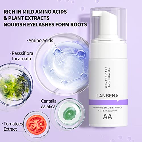 LANBENA Lash Shampoo Kit for Lash Extensions 100ml, Eyelash Extension Cleanser, Amino Acid Lash Wash Soap Mousse Bath for Sensitive Skin, Eyelid Foam for Makeup Mascara Remover, Paraben & Sulfate Free - Morena Vogue