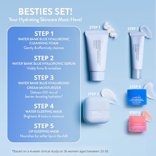 LANEIGE Icons To Go & Besties Set: Water Bank Cream, Cream Skin, Water Sleeping Mask, Lip Sleeping Mask, Hyaluronic Acid, Squalane, Coconut Oil, Vitamin C, Travel Friendly - Morena Vogue