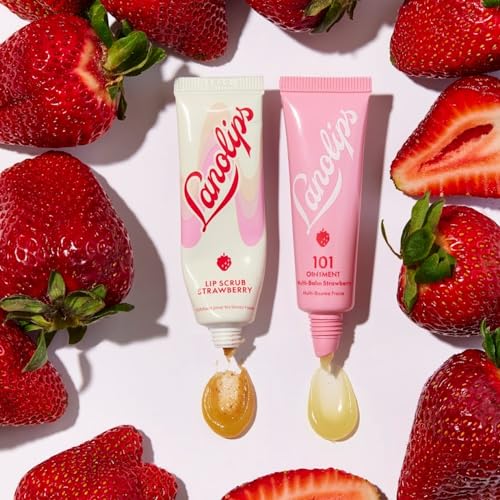 Lanolips Lip Scrub - Natural Lip Exfoliator Made with Lanolin, Vitamin E & Finely Ground Strawberry Seeds - Gentle Sugar Scrub for Healthy, Soft Lips - Strawberry (.35 oz) - Morena Vogue