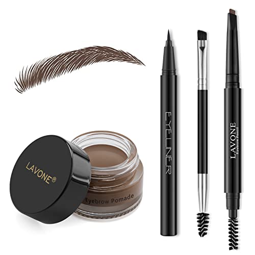 LAVONE Eyebrow Stamp Pencil Kit for Eyebrows Makeup, with Waterproof Eyebrow Pencil, Eyeliner, Eyebrow Pomade, and Dual-ended Eyebrow Brush - Dark Brown - Morena Vogue