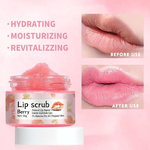 Lip Scrub, Lip Scrubber Exfoliator, Lip Exfoliator for Dark Lips,Natural Sugar Lip Scrub with Lip Brush,Repair Dry Lips,Chapped Lips (Berry) - Morena Vogue