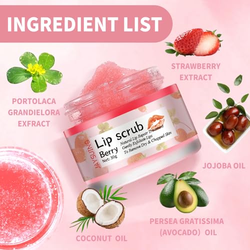 Lip Scrub, Lip Scrubber Exfoliator, Lip Exfoliator for Dark Lips,Natural Sugar Lip Scrub with Lip Brush,Repair Dry Lips,Chapped Lips (Berry) - Morena Vogue