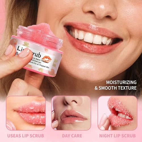 Lip Scrub, Lip Scrubber Exfoliator, Lip Exfoliator for Dark Lips,Natural Sugar Lip Scrub with Lip Brush,Repair Dry Lips,Chapped Lips (Berry) - Morena Vogue