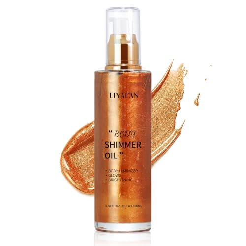 Liyalan Shimmer Body Oil Bronze Gold 5 Color Bronze Face Brighten Glow Pearl Highlighter Illuminator body Makeup Shine Glitter Gold Liquid Taning(3.38 Fl Oz/03) - Morena Vogue