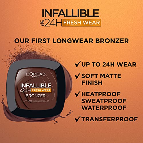 L'Oreal Paris Infallible Up to 24H Fresh Wear Soft Matte Longwear Bronzer. Waterproof, heatproof, Transfer, humidity and sweatproof, Light Medium, 0.31 oz - Morena Vogue