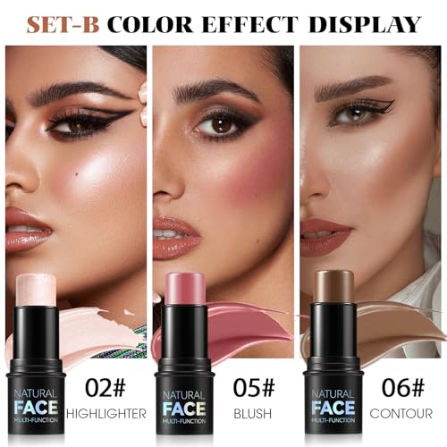 LSxia 3Pcs Cream Contour Stick Makeup Kit - Cream Blush Stick Highlighter Stick Contour Bronzer Stick for Cheeks, Waterproof Long Lasting Blendable, Contour Stick Trio for Face Makeup (#02, 05, 06) - Morena Vogue