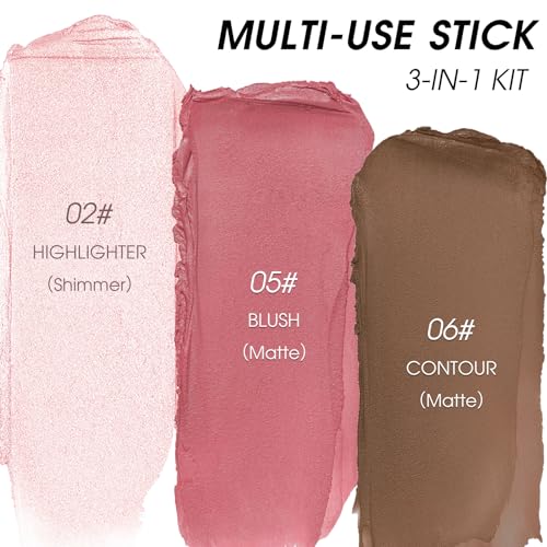 LSxia 3Pcs Cream Contour Stick Makeup Kit - Cream Blush Stick Highlighter Stick Contour Bronzer Stick for Cheeks, Waterproof Long Lasting Blendable, Contour Stick Trio for Face Makeup (#02, 05, 06) - Morena Vogue