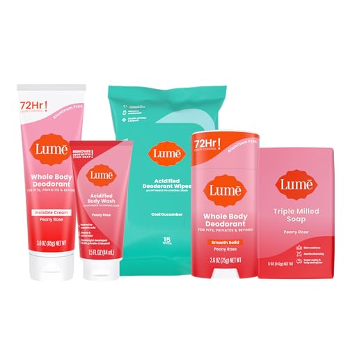 Lume Whole Body Deodorant For Women & Men - Starter Pack - Solid Stick, Invisible Cream Tube, Acidified Body Wash Mini & Deodorant Wipes - Aluminum & Baking Soda Free Odor Control (Peony Rose) - Morena Vogue