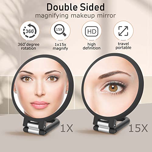 Magnifying Handheld Mirror Double Sided, 1X 15X Magnification Hand Mirror, Travel Folding Held Adjustable Rotation Pedestal Makeup Desk Vanity - Morena Vogue