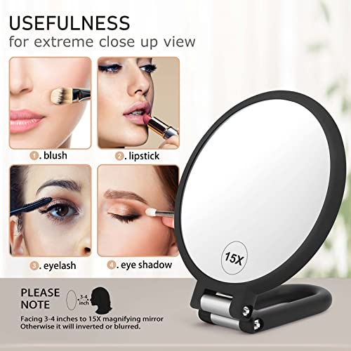 Magnifying Handheld Mirror Double Sided, 1X 15X Magnification Hand Mirror, Travel Folding Held Adjustable Rotation Pedestal Makeup Desk Vanity - Morena Vogue