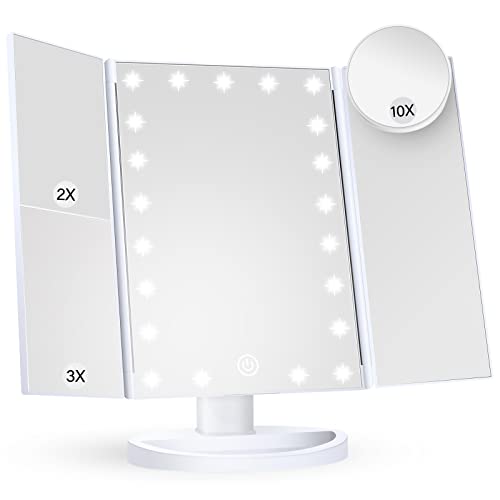 Makeup Mirror Vanity Mirror with Lights, 2X 3X 10X Magnification, Lighted Makeup Mirror, Touch Control, Trifold Makeup Mirror, Dual Power Supply, Portable LED Makeup Mirror, Women Gift (White) - Morena Vogue