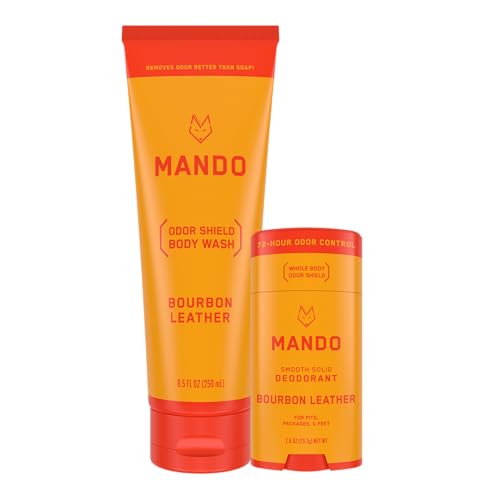 Mando Smooth Solid Stick (2.6 Ounce) + Acidified Body Wash (8.5 Ounce) - Clinically Proven to Block Odor All Day - Whole Body Safe For Pits, Packages + Feet (Bourbon Leather) - Morena Vogue