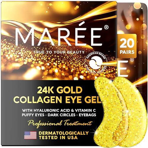 MAREE Under Eye Patches (20 Pairs) - 24K Gold Eye Patches for Puffy Eyes, Dark Circles, Eye Bags - Skin Care with Collagen, Pearl Extract & Hyaluronic Acid - Anti-Aging & Rejuvenating Eye Masks - Morena Vogue