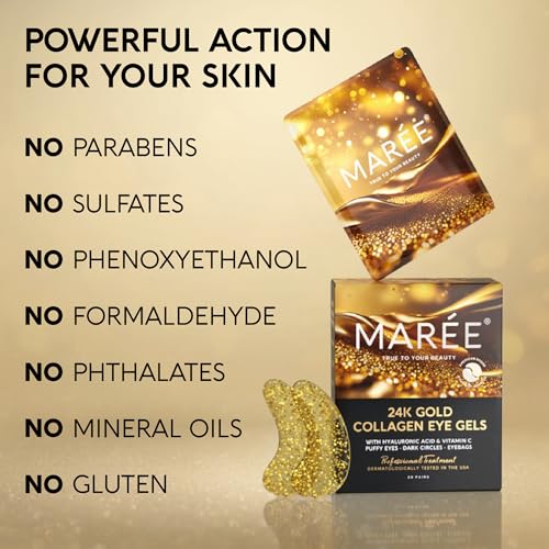 MAREE Under Eye Patches (20 Pairs) - 24K Gold Eye Patches for Puffy Eyes, Dark Circles, Eye Bags - Skin Care with Collagen, Pearl Extract & Hyaluronic Acid - Anti-Aging & Rejuvenating Eye Masks - Morena Vogue