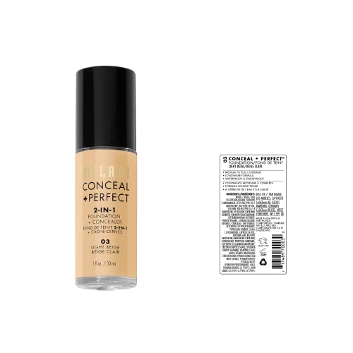 Milani Conceal + Perfect Liquid Foundation - Light Beige, 1 Fl. Oz. Cruelty-Free, Water-Resistant, Oil-Free, Medium-To-Full Coverage, Satin Matte Finish - Morena Vogue