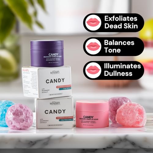 Minimo Candy Lip Exfoliator Scrub & Moisturizer - Great for Smokers Lips | Removes Dead Skin from Dry Chapped Lips - Nourishes, Softens, & Hydrates (1 oz) Travel Size - Morena Vogue