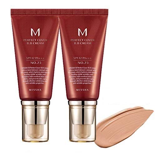 MISSHA M Perfect Cover BB Cream No.23 (2 Pack) Natural Beige for Light with Neutral Skin Tone SPF 42 PA +++ 1.69 Fl Oz - Tinted Moisturizer for face with SPF - Morena Vogue