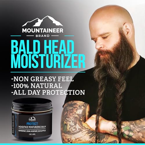 Mountaineer Brand All Natural Moisturizer and After Shave Balm for Men | Bald Head Care | Non-Greasy Scalp and Face Lotion | Refreshing Natural Scent | Made in USA | Protect 2oz - Morena Vogue