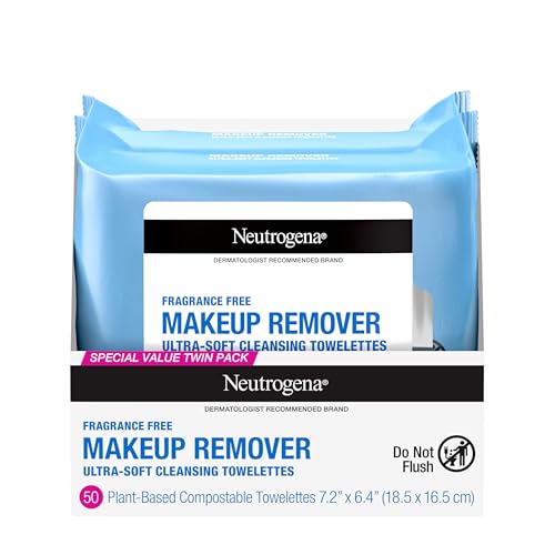 Neutrogena Cleansing Fragrance Free Makeup Remover Face Wipes, Cleansing Facial Towelettes for Waterproof Makeup, Alcohol-Free, Unscented, 100% Plant-Based Fibers, Twin Pack, 2 x 25 ct - Morena Vogue